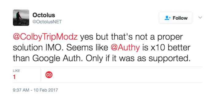 Twitter Conversation About Authentication Apps Tweet discussing the effectiveness of Authy compared to Google Authenticator.