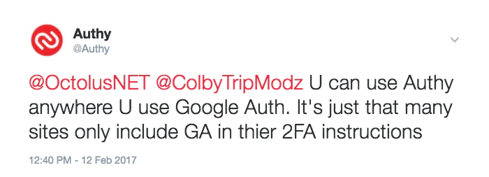 Authy Twitter Response About 2FA Compatibility Twitter screenshot of Authy's tweet about using Authy for two-factor authentication instead of Google Authenticator.