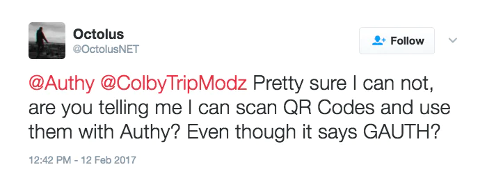 Twitter user questioning Authy's QR code functionality A tweet from OctolusNET asking about scanning QR codes with Authy despite saying GAUTH.