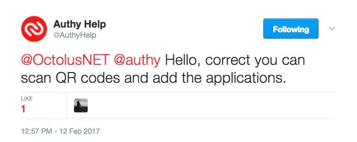 Authy Help Response on QR Code Scanning Screenshot of a tweet from Authy Help confirming QR code scanning capability.