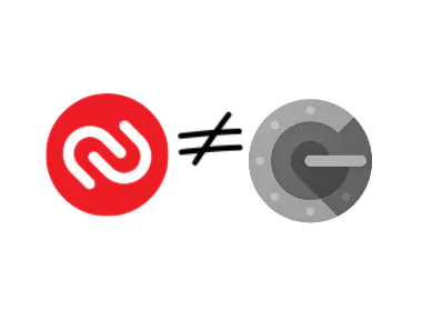 Comparison of Authentication Applications Red logo with white intertwined lines on left, gray shield with 'G' on right, separated by 'not equal' symbol.