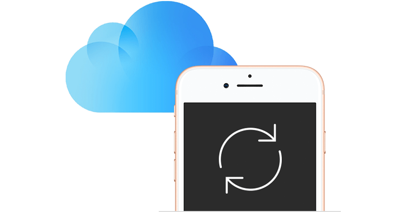 Smartphone displaying sync symbol in front of blue cloud graphic.