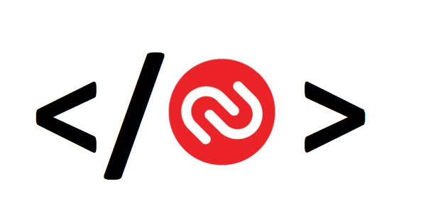 Black coding symbol with a red circular logo in the middle on a white background.