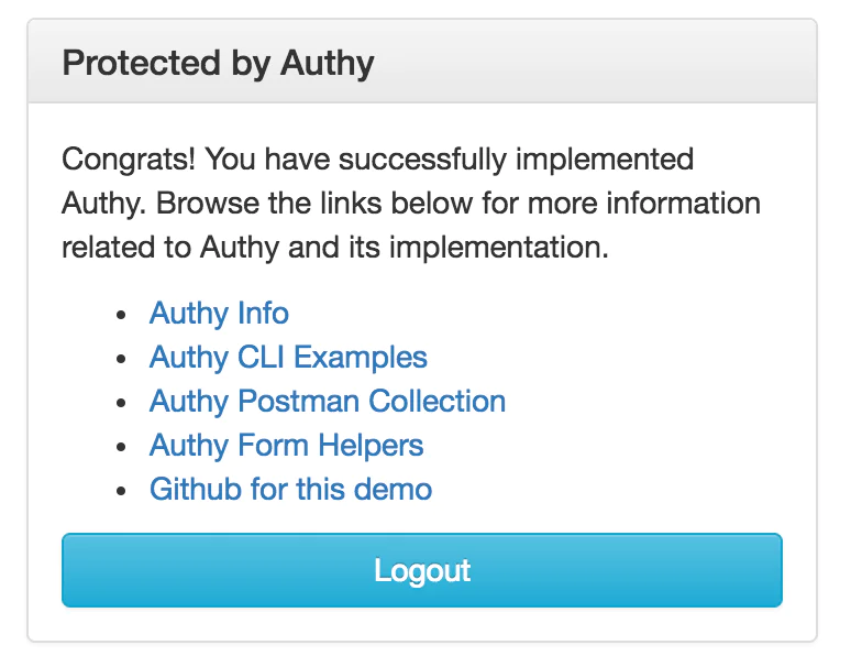 Successful Authy Implementation Confirmation Confirmation message indicating successful implementation of Authy with links and a logout button.