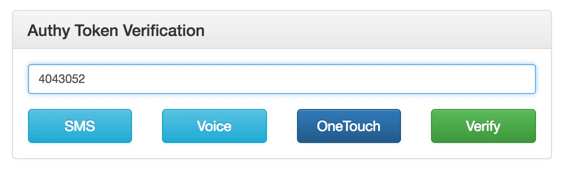 Authy Token Verification Interface Input field for Authy token with buttons for SMS, Voice, OneTouch, and Verify options.