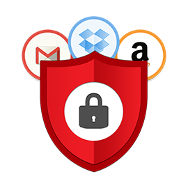 Red shield with lock icon surrounded by Gmail, Dropbox, and Amazon app icons.