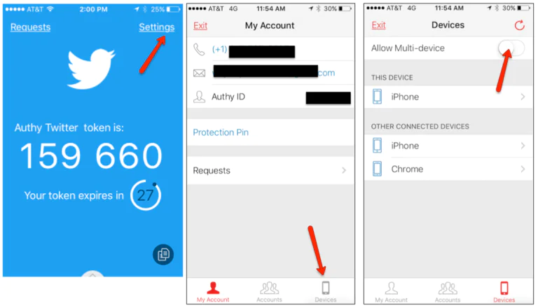 Multi-factor Authentication and Device Management Screenshots of authentication app with token, account settings, and multi-device options.