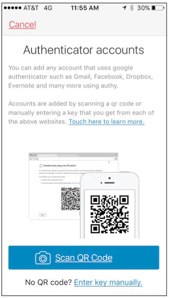 Google Authenticator Setup Screen with QR Code Setup screen for adding authenticator accounts with QR codes for scanning and manual entry options.