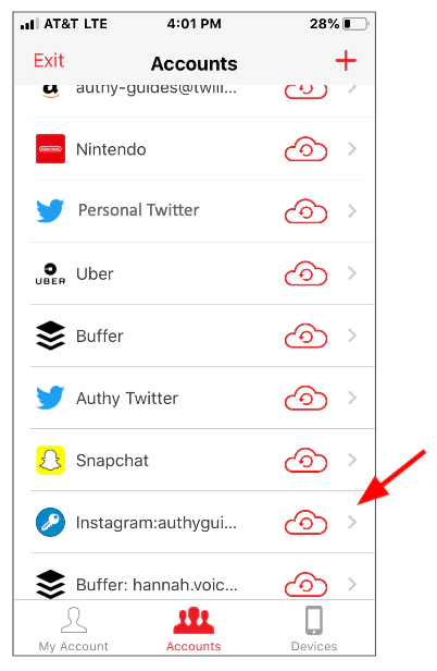 Account Management Screen with Multiple App Integrations Smartphone screen showing a list of various app accounts with cloud icons for authentication.