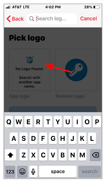 Search Logo Screen with No Logo Found Message Phone screen showing a 'No Logo Found' message, a search bar, and a keyboard.