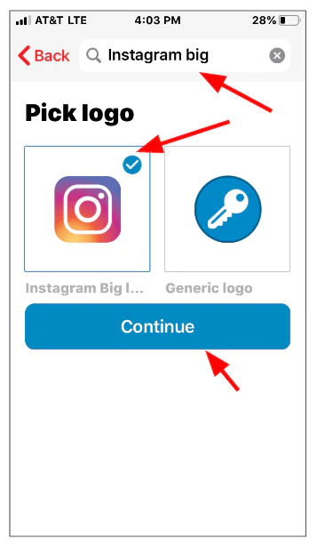 Selecting a Logo on a Mobile App Interface Mobile app interface showing Instagram and generic logo options with 'Continue' button.