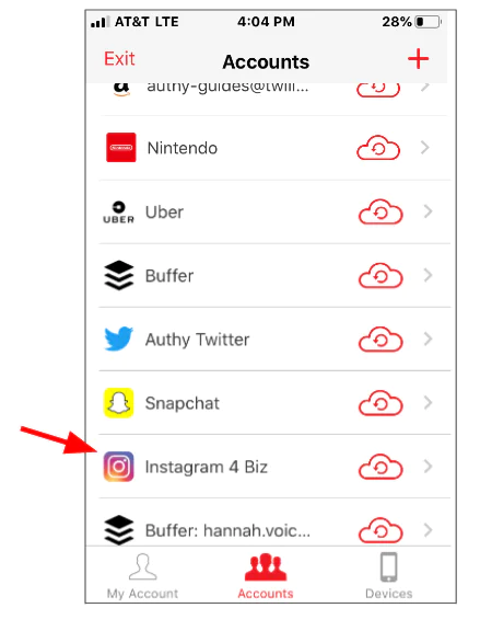 Account List Display in Mobile App Mobile app screen showing a list of accounts with icons and red cloud sync symbols.