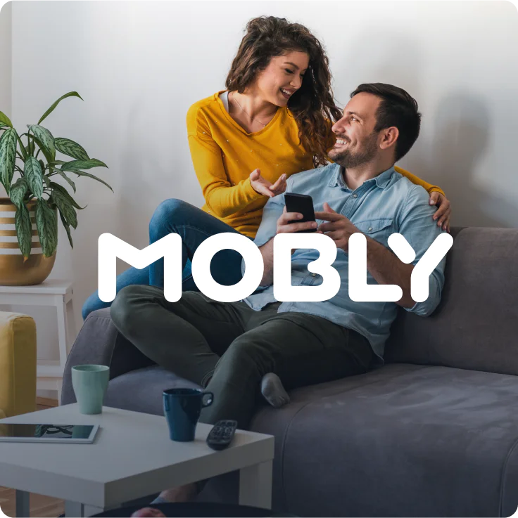 Mobly logo card and a Happy couple using mobile phone