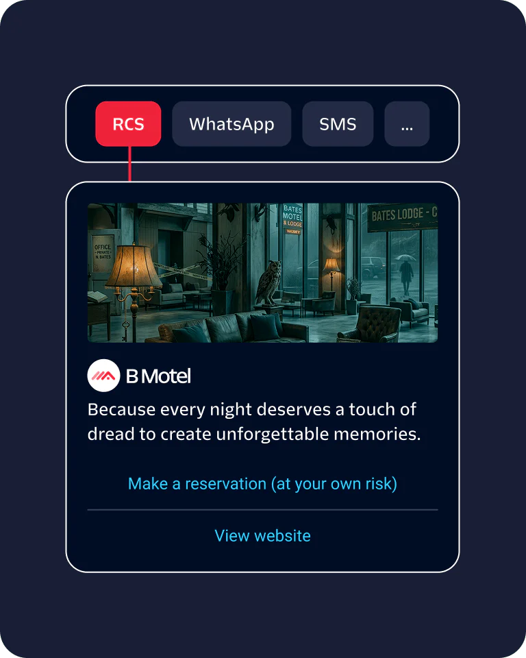 An advertisement for B Motel with text and buttons to contact via RCS, WhatsApp, or SMS.