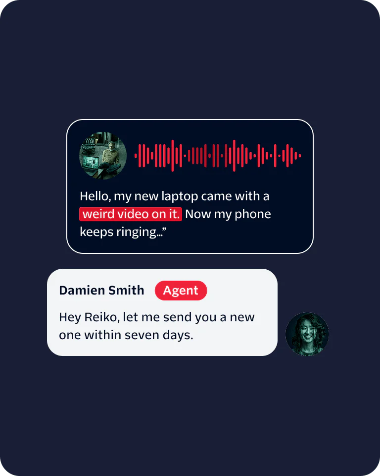 Chat between a customer and support agent about a laptop issue with a weird video causing phone ringing.