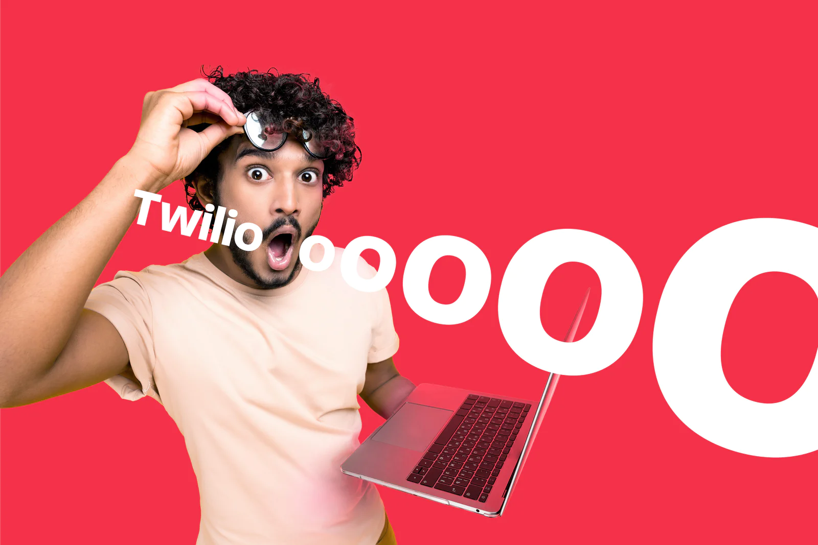 Surprised man holding laptop with Twilio text and echoes Man with wide eyes holding laptop and a magnifying glass, Twilio text and large echoing O shapes on a red background.