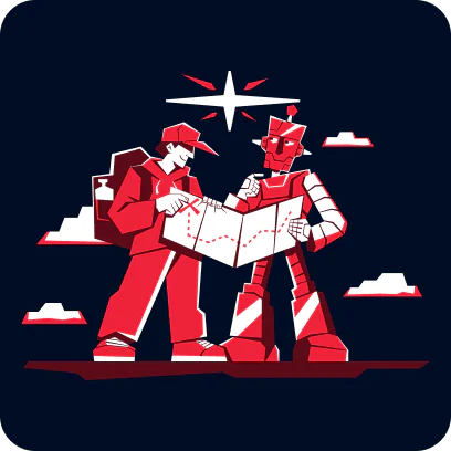 A traveler and a robot examining a map with a star and clouds in the background.