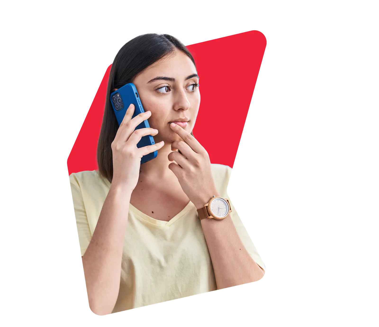 Brands providing customer engagement Woman holding a phone to her ear, looking thoughtful with finger on her lips, wearing a yellow shirt and a watch.