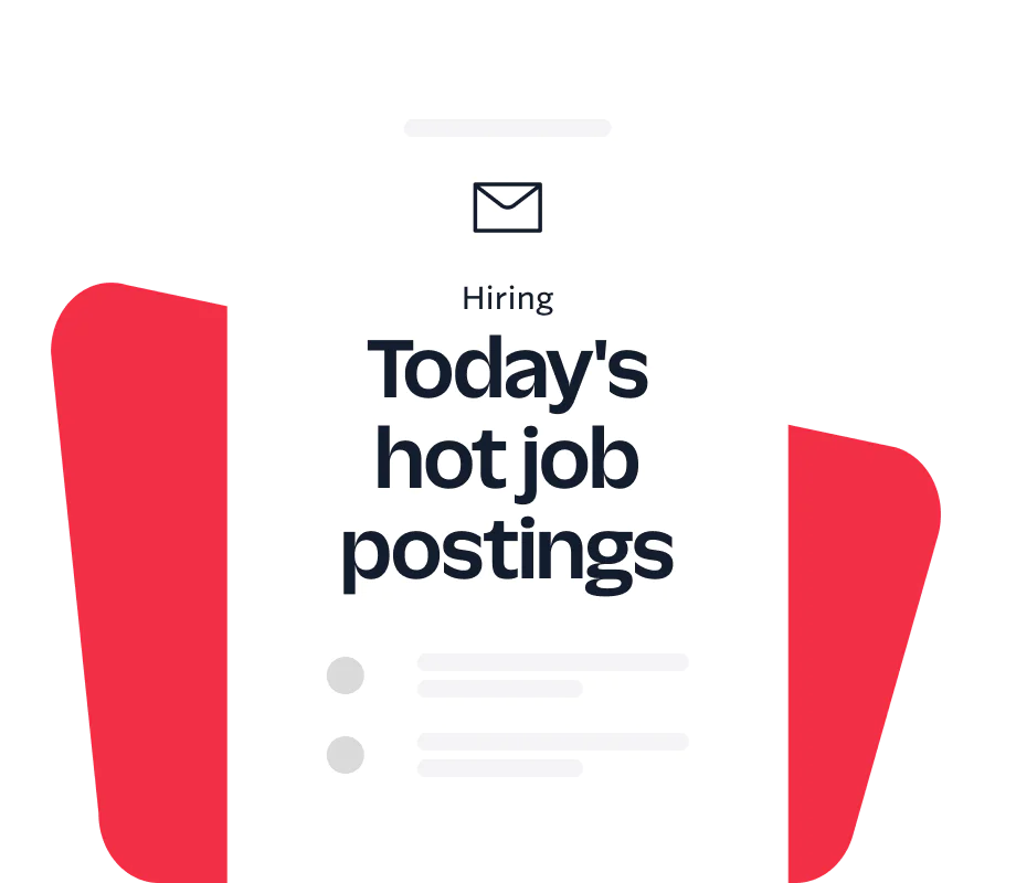 Job Postings Notification Screen Phone screen showing Today's hot job postings with an envelope icon and a red background design