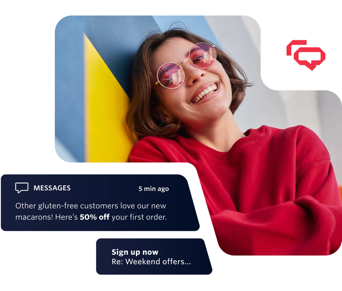 Woman Smiling with Promotional Messages for Gluten-Free Macarons A woman in a red sweater smiling with sunglasses and promotional messages about macarons on the image.