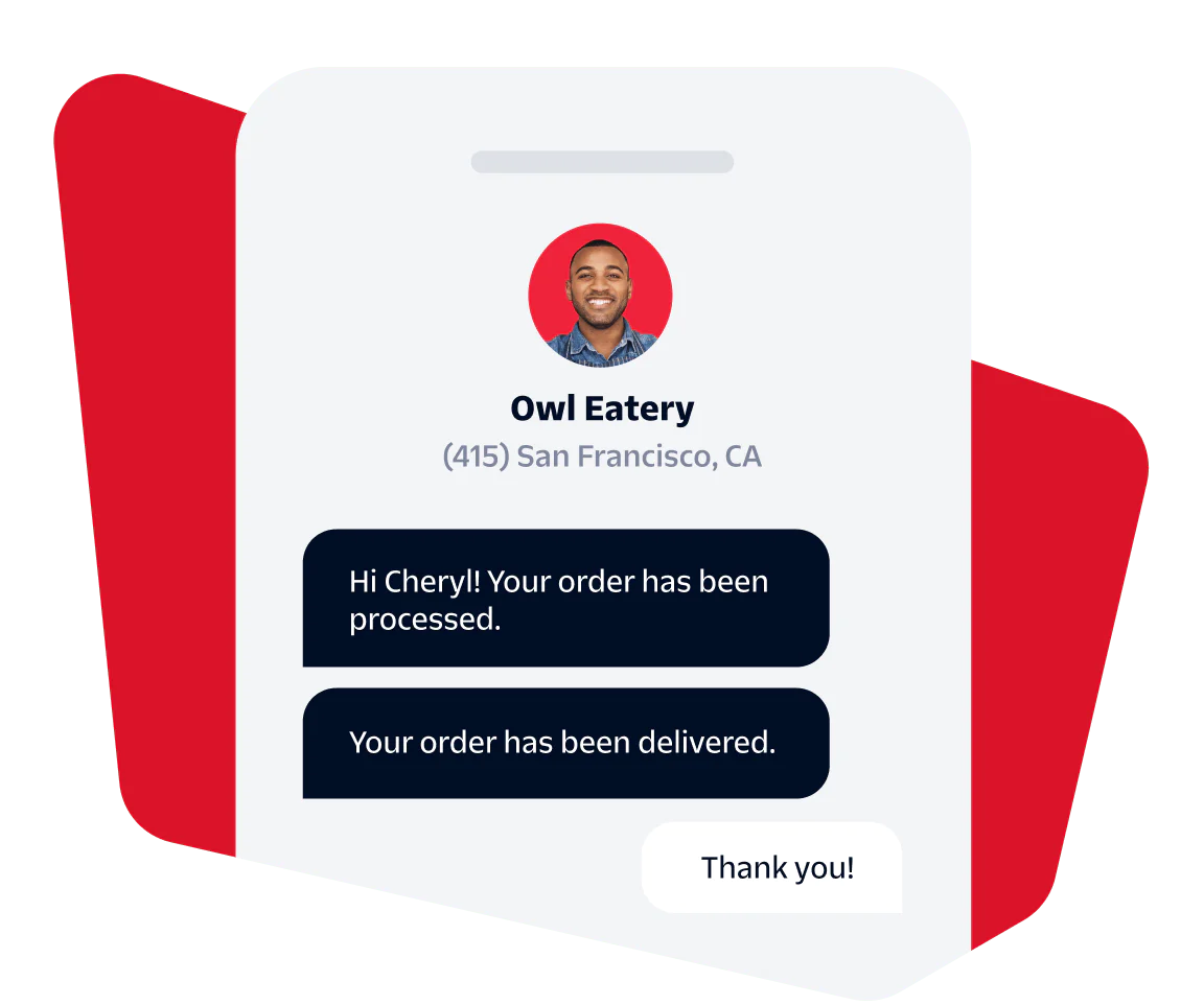 Food Order Notification from Owl Eatery Food order notification from Owl Eatery to Cheryl with confirmation messages of order processing and delivery.