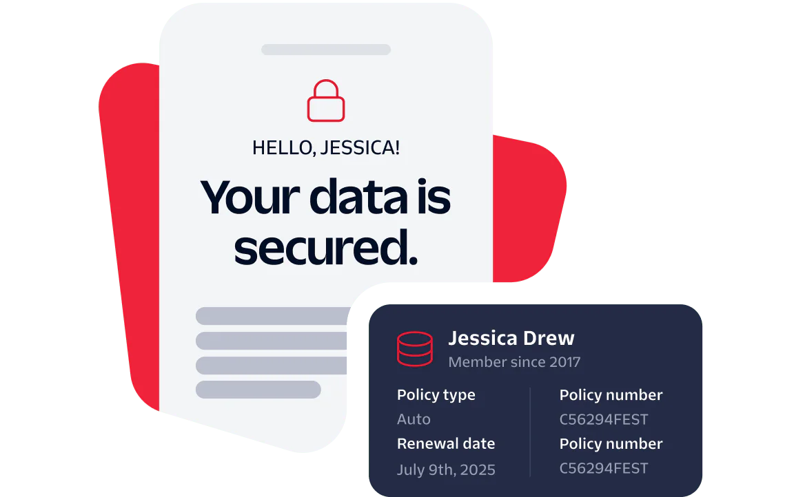 Secure Data Notification for Jessica Drew A digital card notifies Jessica Drew that her data is secured with policy details and renewal date.