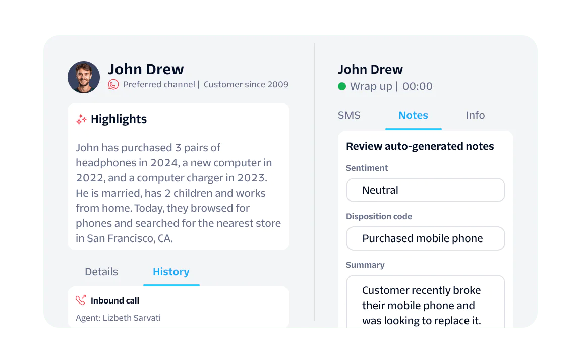 Customer Interaction Overview for John Drew Profile information and interaction history for customer John Drew, showing recent purchases and agent notes.