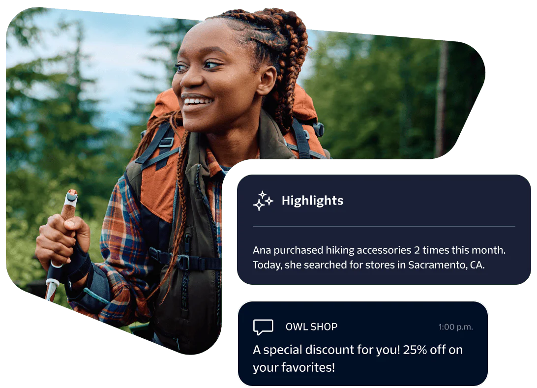 Woman hiking with backpack and promotional messages Woman with braided hair hiking and promotional messages about hiking accessories and special discount