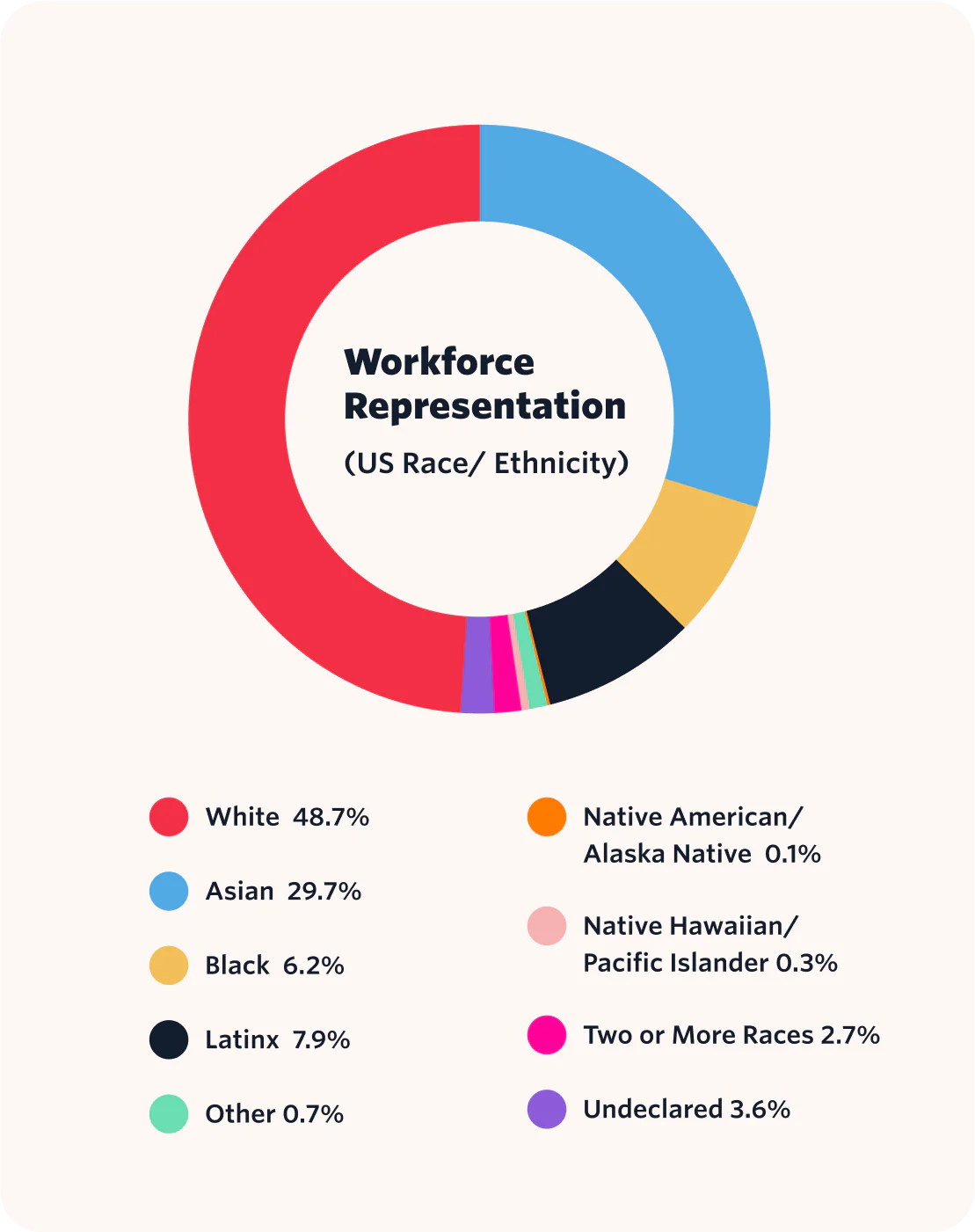 Workforce Representation (US Race/ Ethnicity) data represented in a pie chart.