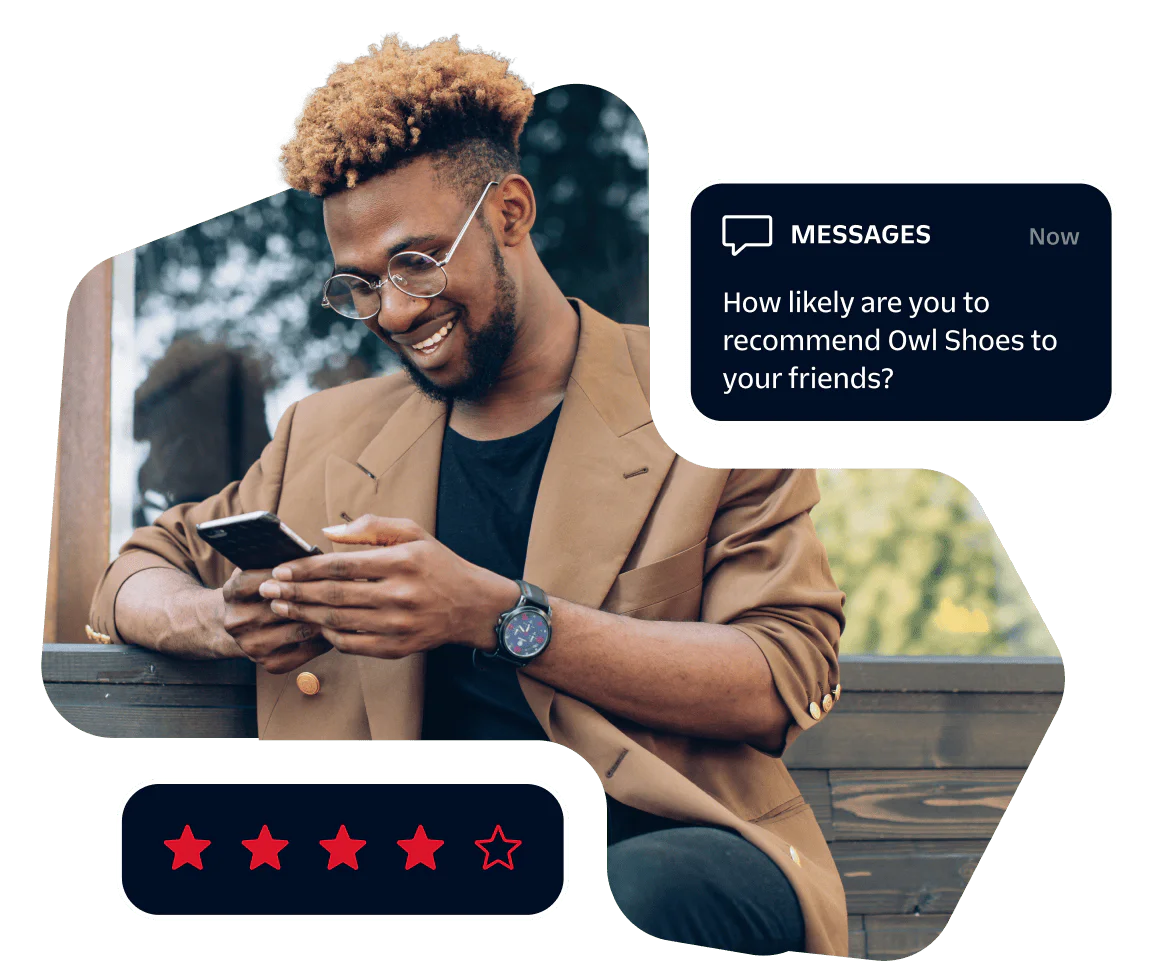 Man Smiling While Using Phone with Feedback Prompt and Rating Man in brown blazer smiling at phone with feedback message about Owl Shoes and a 4-star rating.