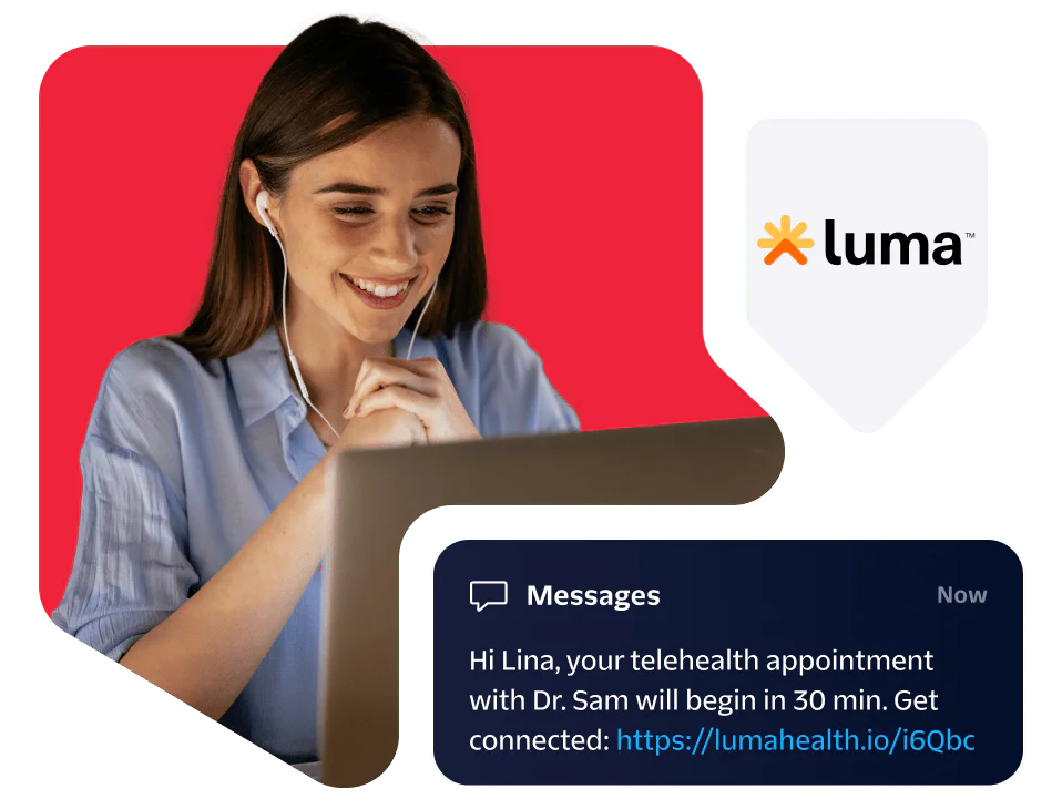 Woman using a laptop with a message notification about a telehealth appointment from Luma. Woman using a laptop with a message notification about a telehealth appointment from Luma.