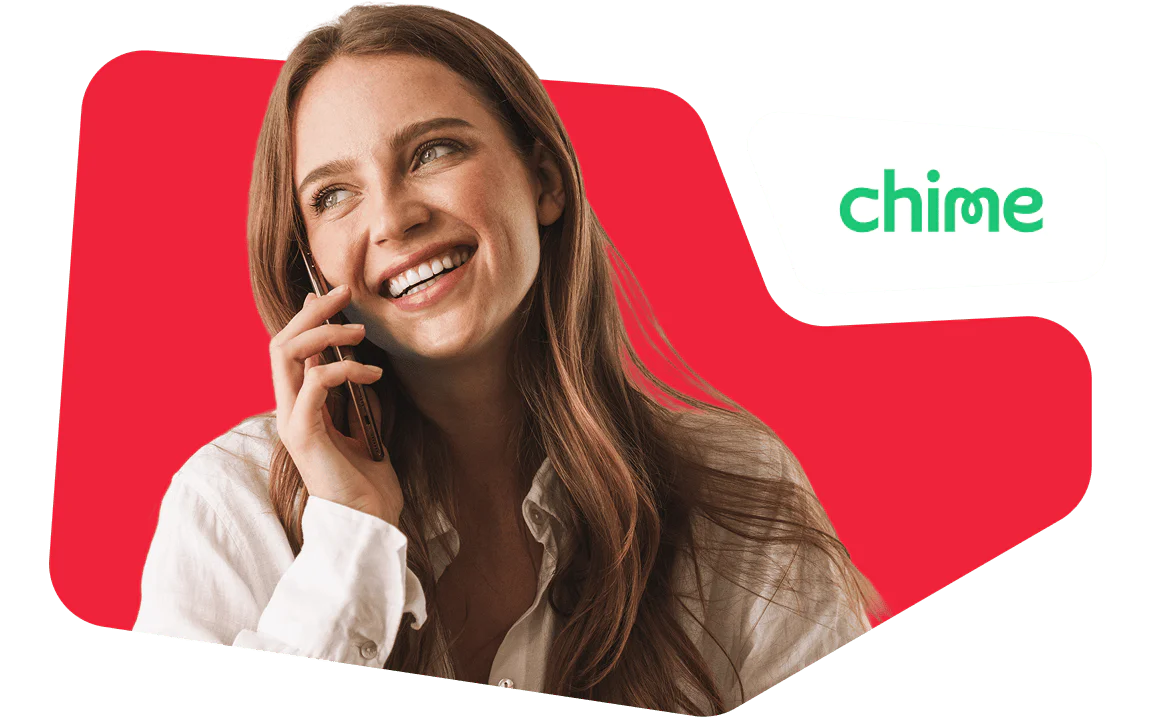 Woman Smiling While Talking on Phone with Chime Branding Woman smiling and talking on phone, Chime logo on a red background