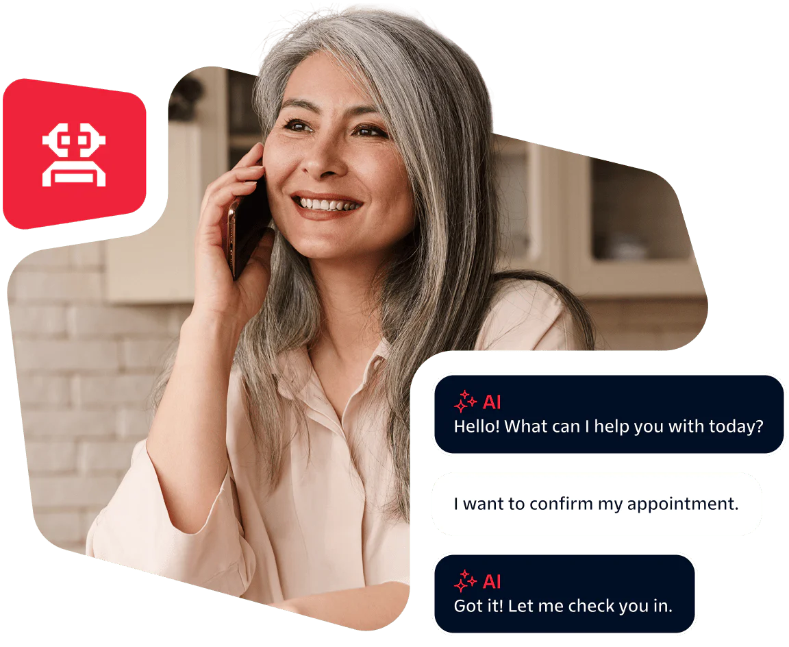 Woman Scheduling Appointment via AI Chat on Phone Woman smiling while talking on phone with AI chat messages confirming an appointment.