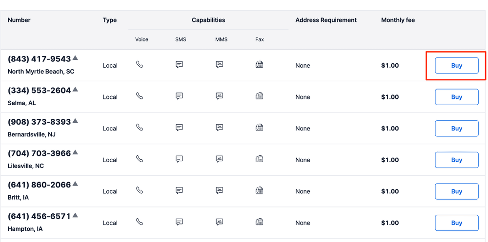 List of phone numbers with buy buttons and monthly fees.