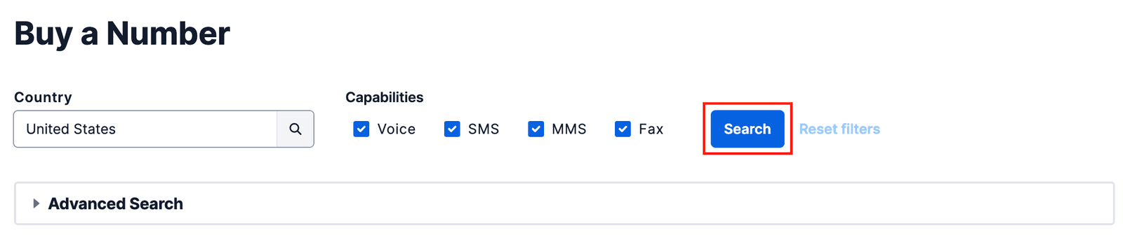 Buy a number interface with country selection and capabilities filters, highlighting the Search button.