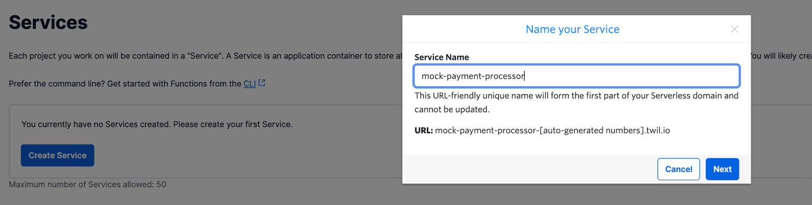 Enter 'mock-payment-processor' as the service name for Twilio Serverless.
