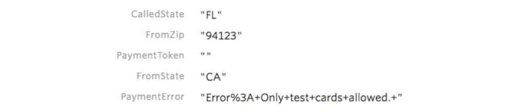 Payment error message: Only test cards allowed, with states FL and CA.