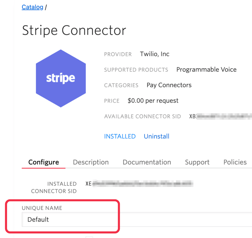 Stripe Connector configuration with 'Default' as the unique name.