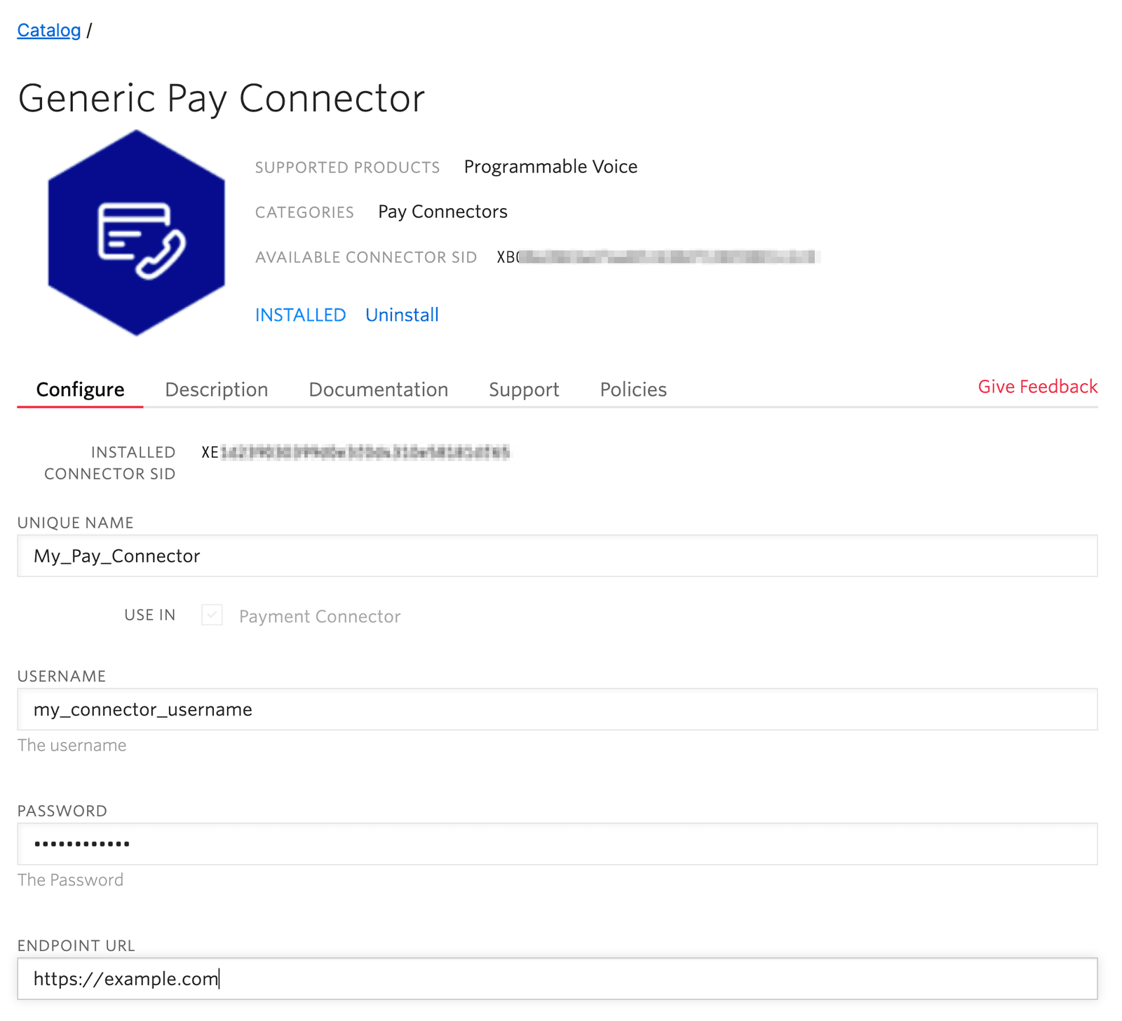 Configuration page for Generic Pay Connector with fields for SID, name, username, password, and endpoint URL.