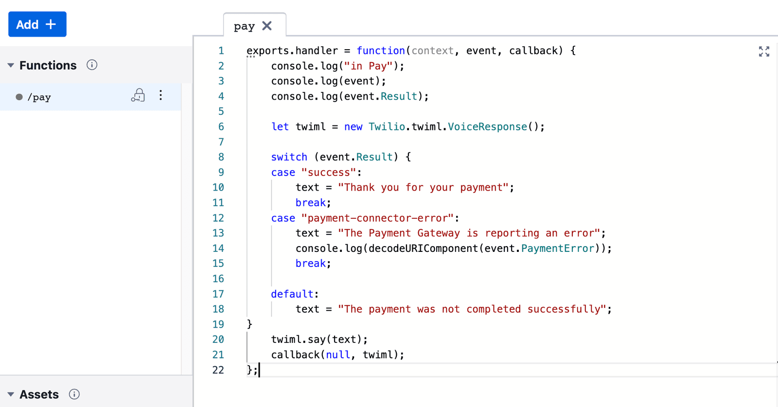 Code editor showing a function handling payment success and error cases.